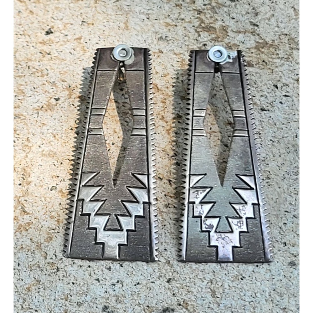 Jennifer Curtis Navajo Geometric Sterling Silver Post Earrings Handcrafted 2"